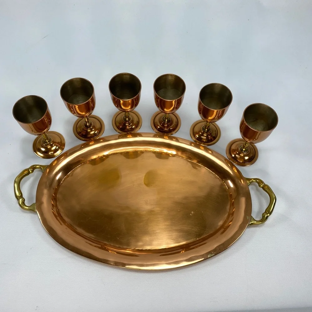 VTG Mexico Brass Copper Plate 6 Tequila Stem Cups & Oval Tray w Handles 11 x 7
